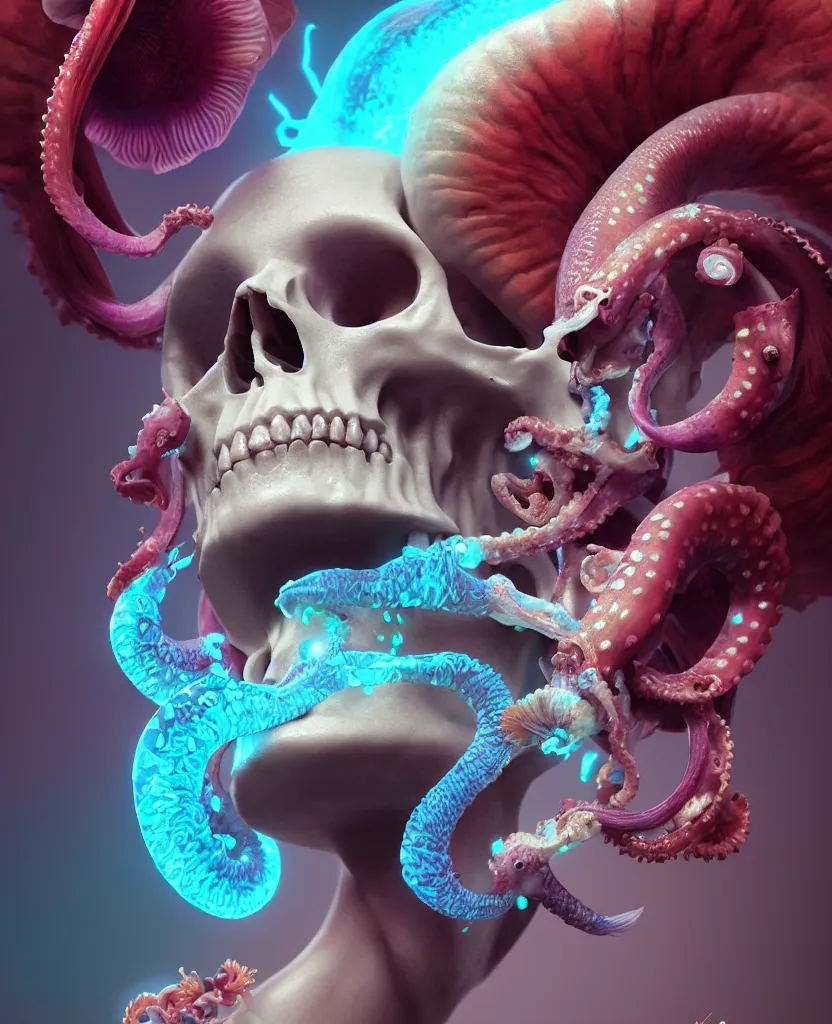 Image similar to goddess close - up portrait human skull, ram skull, squid phoenix jellyfish, orchid, betta fish, bioluminiscent, intricate artwork by tooth wu and wlop and beeple. octane render, trending on artstation, greg rutkowski very coherent symmetrical artwork. cinematic, hyper realism, high detail, octane render, 8 k