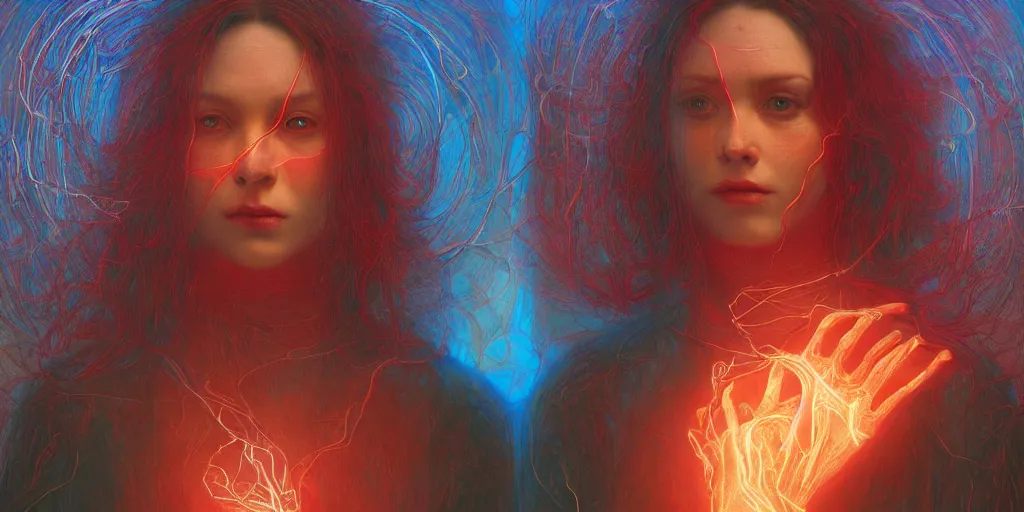 Image similar to Portrait Masterpiece, Wanda Maximoff, furious, red and cyan, glowing, wires everywhere, by Edgar Maxence and Ross Tran, Zdzisław Beksiński, and Michael Whelan, distant, gustav dore, H.R. Giger, 8k, octane render