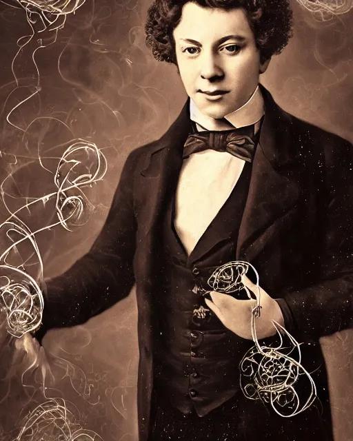 Image similar to a highly detailed portrait of poet Alexander Sergeyevich Pushkin as a devious male magician radiating a powerful energy aura, ornate back tuxedo, wispy tendrils of smoke, swirling vortex of energy, performance art, intricate, digital painting, old english, raining, sepia, particles floating, whimsical background by marc simonetti, art by artgerm and greg rutkowski and alphonse mucha