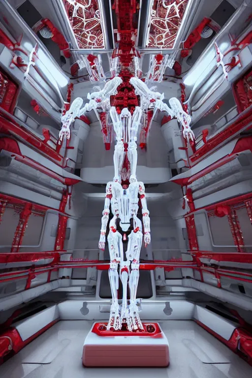 Image similar to high detailed white space station interior a statue jesus on cross made of red marble, perfect symmetrical body, full body shot, inflateble shapes, wires, tubes, veins, jellyfish, white biomechanical details, wearing epic bionic cyborg implants, masterpiece, intricate, biopunk, vogue, highly detailed, artstation, concept art, cyberpunk, octane render