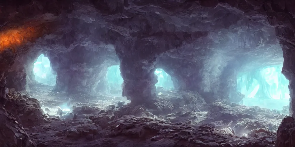 Prompt: fantasy matte painting of a cave with huge glowing crystals in the walls and piles of bones on the floor, fantasy, sharp focus, artstation