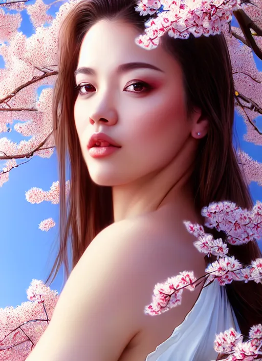 Image similar to photo of a gorgeous female in the style of stefan kostic, realistic, half body shot, sharp focus, 8 k high definition, insanely detailed, intricate, elegant, art by stanley lau and artgerm, extreme blur cherry blossoms background