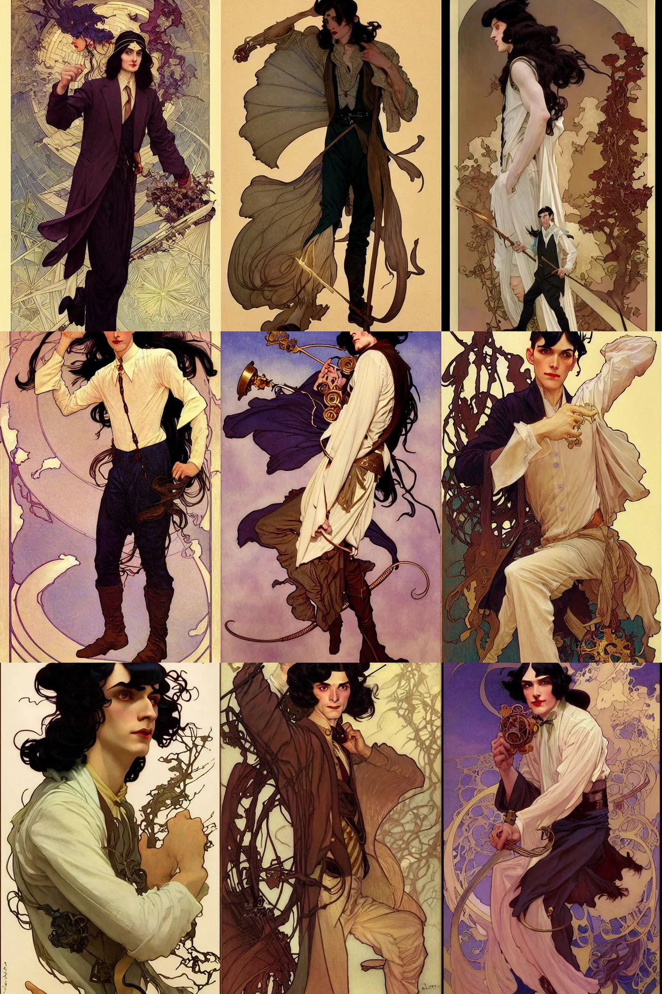 Prompt: thin male mage with long dark hair wearing 1 9 2 0 s clothes, fantasy, art by joseph leyendecker, peter mohrbacher, ruan jia, finnian macmanus, marc simonetti, ayami kojima, vasnetsov, cedric peyravernay, alphonse mucha