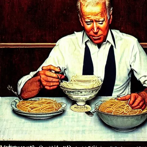 Image similar to joe biden eating a bowl of spaghetti, norman rockwell