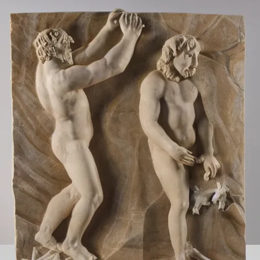 Prompt: Romulus and Remus, marble relief