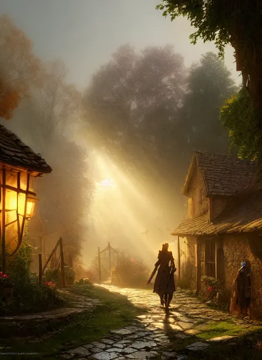 Image similar to small poor medieval village, mist, sunrays, dust in the air, dnd character, unreal engine, octane render, dramatic lighting, pond, digital art, by stanley artgerm lau, greg rutkowski, thomas kindkade, alphonse mucha, loish, norman rockwell,