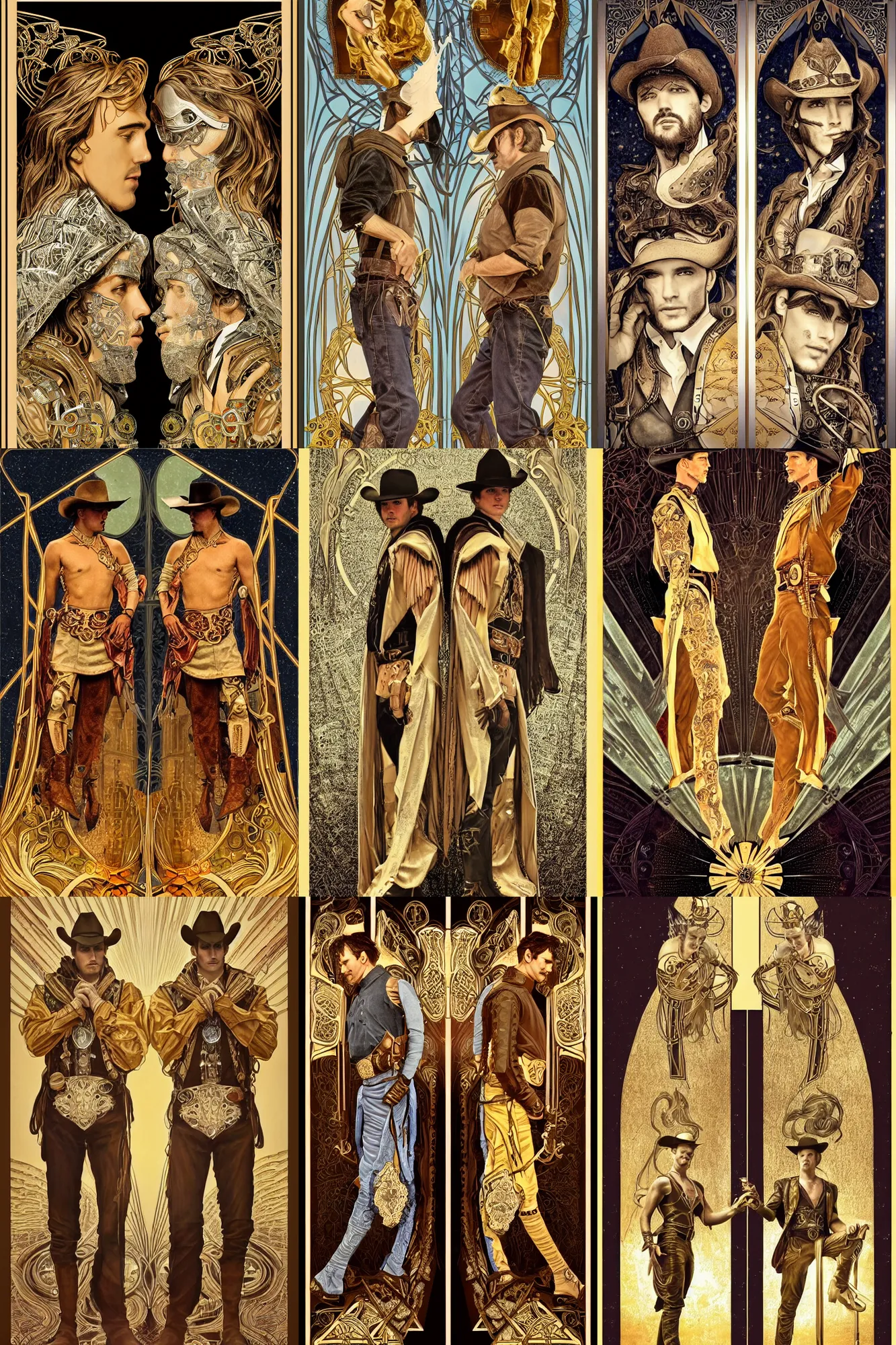 Prompt: a dramatic ethereal epic symmetrical painting of handsome cowboy twins | one is wearing gold and one is wearing silver | tarot card, art deco, art nouveau, (steampunk), realistic, intricate | by Mark Maggiori and ((((Alphonse Mucha))) | trending on artstation