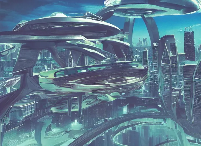 Prompt: travel postcard for a futuristic city on another planet, flying cars, alien sky