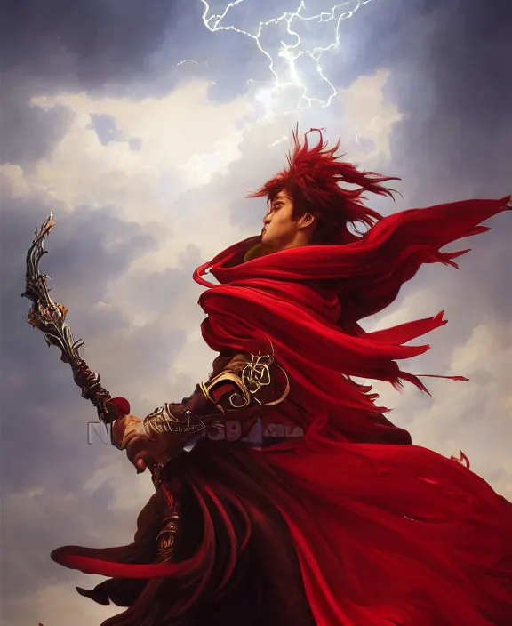 Prompt: A lifelike Portrait of a boisterous Red Mage wearing striped shining armor holding a staff of power surrounded by an epic cloudscape. The Magus Omega . Red Wizard. Morpheus. masterpiece. Symmetrical facial features. 4k digital illustration. by Ruan Jia and Artgerm and Andreas Rocha and William-Adolphe Bouguereau and Jean-Baptiste de Champaigne. award winning, Artstation, intricate details, realistic, Hyperdetailed, 8k resolution. Concept Painting. Key Art