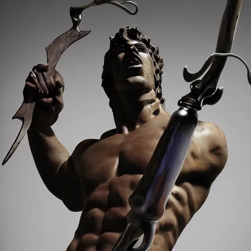 Prompt: The kinetic sculpture depicts the mythical hero Hercules in the moments after he has completed one of his twelve labors, the killing of the Hydra. Hercules is shown standing over the dead Hydra, his body covered in blood and his right hand still clutching the sword that slew the beast. His face is expressionless, betraying neither the exhaustion nor the triumph that must surely accompany such a feat. warm indigo by Serge Marshennikov, by Marco Mazzoni energetic