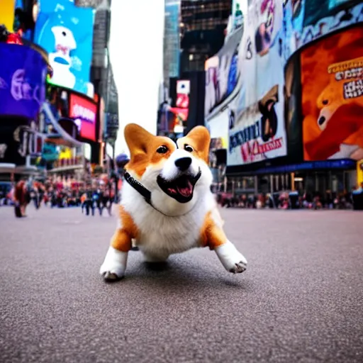 Image similar to a corgi riding a skate on times square