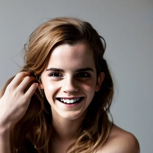 Image similar to A photo of laugh emma watson showing wedding ring on his finger. 50 mm. perfect ring. award winning photography