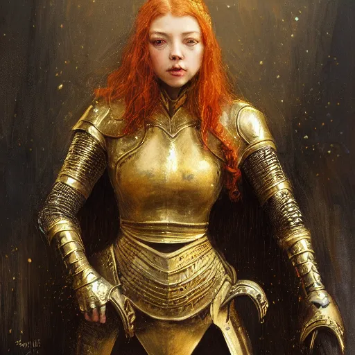 Prompt: young redheaded woman, wearing black and gold ornamental medieval armour, detailed, by gaston bussiere, bayard wu, greg rutkowski, giger, maxim verehin, greg rutkowski, masterpiece, sharp focus, illustration, highly detailed, digital painting, concept art, matte, natalie dormer