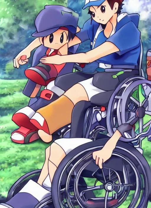 Image similar to a pokemon trainer traveling in a wheelchair, anime, art by ken sugimori