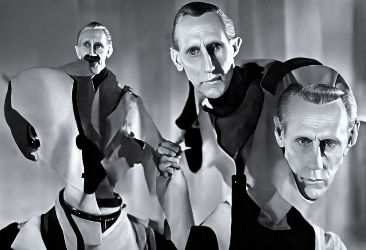 Image similar to still from the Disney plus show Tarkin! based around governor Tarkin’s pre-Empire life as a fading theatre star on Alderraan’s Broadway in the 1960s