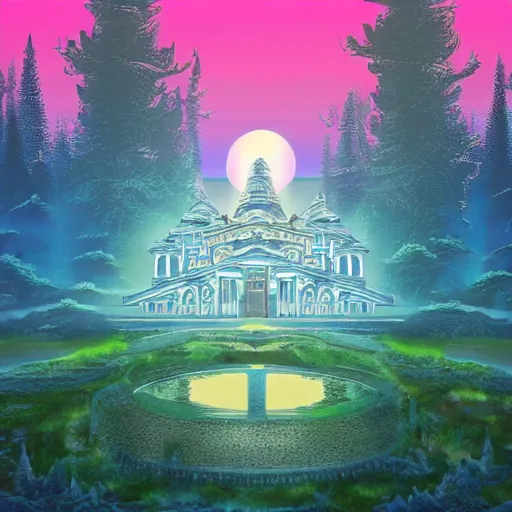 Image similar to mystical realistic poster with shaded lighting by arjun brooklyn radiant light, detailed and complex environment, solace, beautiful, utopic astral city in the sky with many buildings and temples reflecting an modern city on the ground with old growth pine trees, overlaid sacred geometry, with implied lines, gradient of hot pink and neon baby blue