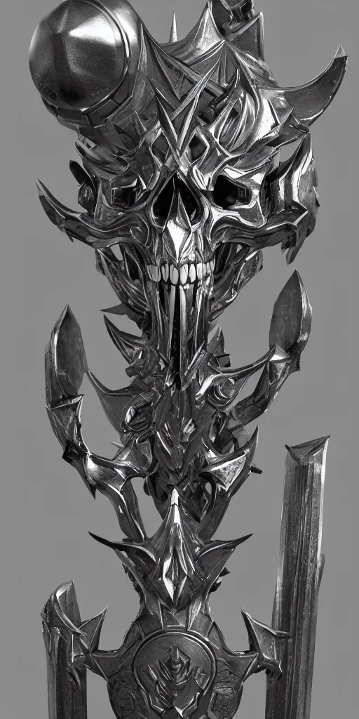 Image similar to a black and silver sword skull crest, weapon, a 3 d render by dom qwek, front side, concept art, trending on polycount, artstation, hard surface modeling, rendered in maya, zbrush, hd, vray, blizzard, symmetry