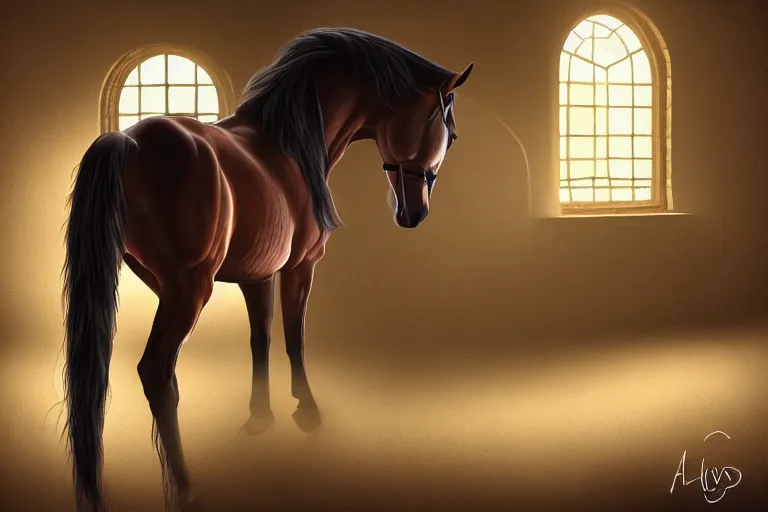 Image similar to A horse attempting to solve a jigsaw puzzle!!!, looking confused, cinematic lighting, evening light, stables, digital painting, volumetric light, concept art, trending on artstation