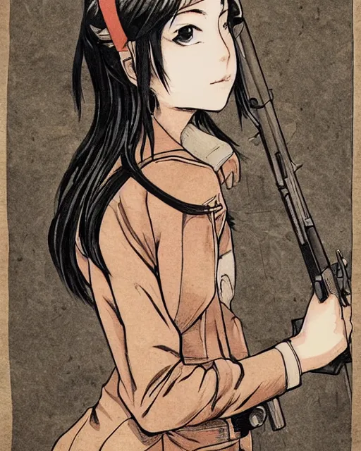 Image similar to portrait of a girl holding a pistol, detailed manga art panel, professional