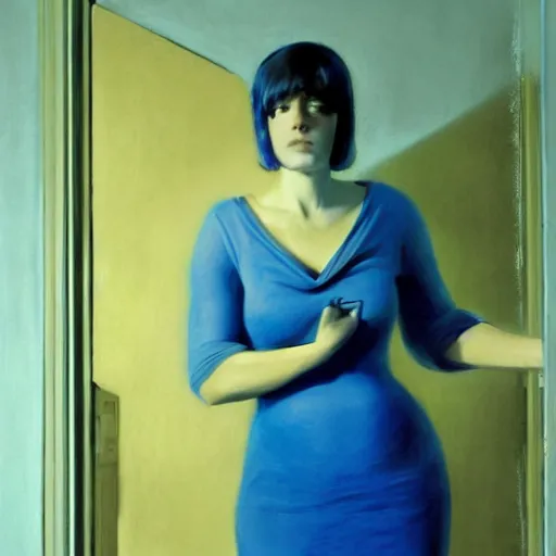 Prompt: close up of a woman in a blue and gold haunted liminal abandoned room, hyperrealistic film still by edward hopper, by gottfried helnwein, by klimt, art noveau, highly detailed, strong lights, liminal, eerie, bright pastel colors,