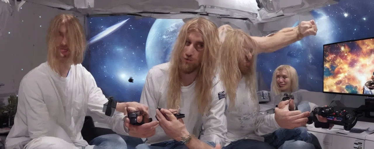 Image similar to skinny guy with long blond hair plays playstation 5 in space