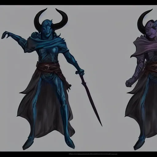 Prompt: D&D character concept art of a cloaked tiefling, tiefling rogue, blue skin color with short horns and a devil tail, fighting pose of a Rogue holding daggers, black cloak hidden in shadows, full body pose, soft colors, fantasy, intricate, elegant, highly detailed, digital painting, artstation, concept art, smooth, perfect face, sharp focus, illustration, wide angle shot, full body visible, art by artgerm and H R Giger and alphonse mucha