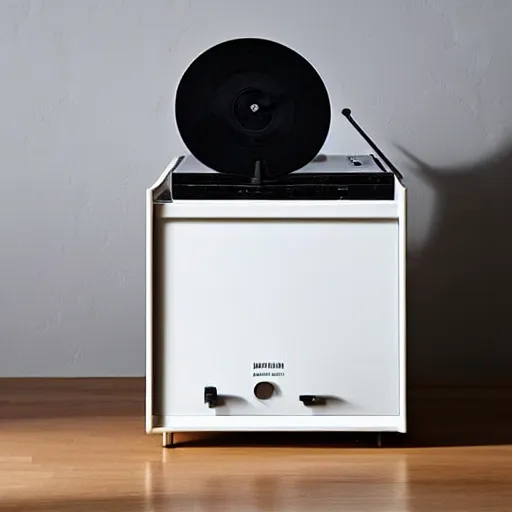 Prompt: A vinyl player designed by Braun and Dieter Rams, 80’s, studio lighting