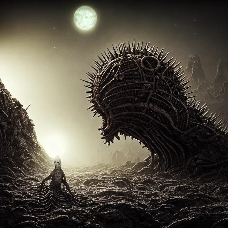 Image similar to ribbed surreal abandoned alien on exoplanet, covered in with spikes, in a desolate empty wasteland, creepy, nightmare, dream-like heavy atmosphere, surreal abandoned buildings, beautiful detailed intricate insanely detailed octane render trending on Artstation, 8K artistic photography, photorealistic, chiaroscuro, Raphael, Caravaggio, Beksinski, Giger