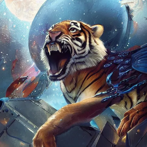 Image similar to an aesthetic award winning commission of a male anthro tiger singing on a spaceship,digital art,art by greg rutkowski,ross tran,character design by charles bowater,artgerm,hyperdetailed body,detailed face,beautiful,artstation,deviantart,stylish,space themed