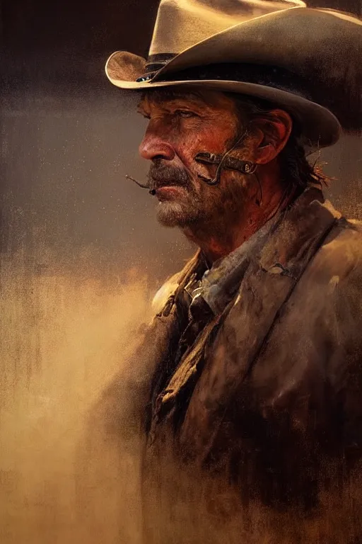 Image similar to hyperrealist portrait of a cowboy driving stage coach by jeremy mann and howard powel and fredrick remington, fantasy art, photo realistic, dynamic lighting, artstation, poster, volumetric lighting, very detailed faces, 4 k, award winning