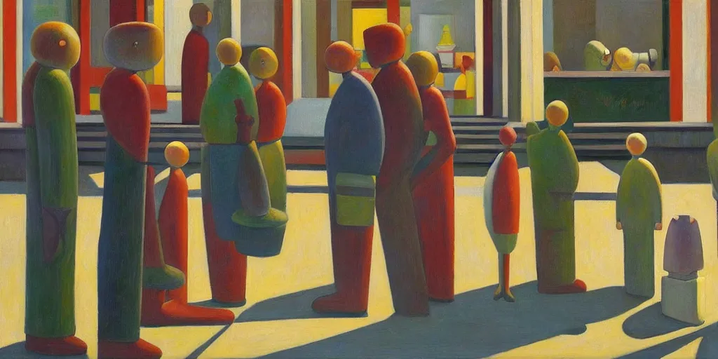 Image similar to robots queue up for ice cream, grant wood, pj crook, edward hopper, oil on canvas