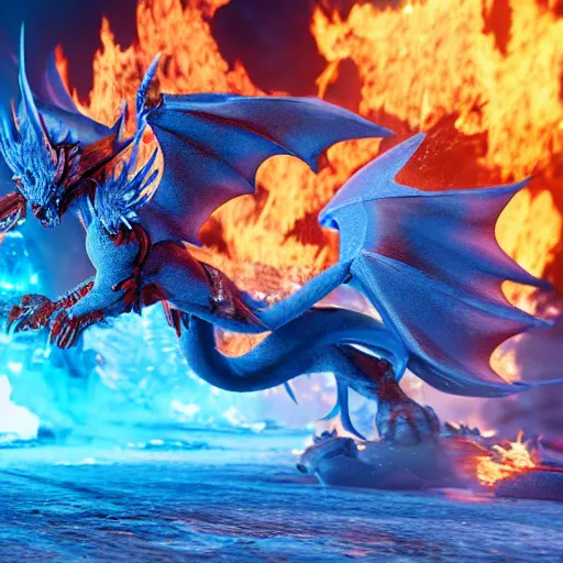 Prompt: ice Phoenix fighting against fire dragon, 8k, Unreal engine, realistic