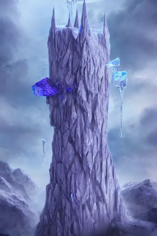 Prompt: elaborate surreal tower of stone and ice extending down from the skies, concept art, blue and purple coloring, 4k