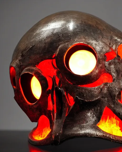 Image similar to medieval helmet in the shape of a demon skull with glowing red eyes,