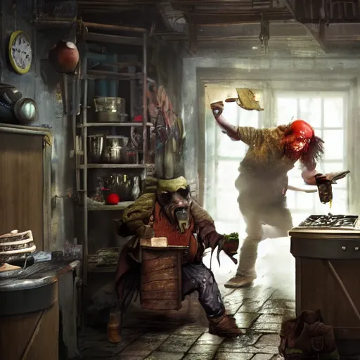 Image similar to british magical hobo breaks into some ork's kitchen and attacks them, 4 k, detailed, real life photo, sharp focus, photorealistic, cyberpunk