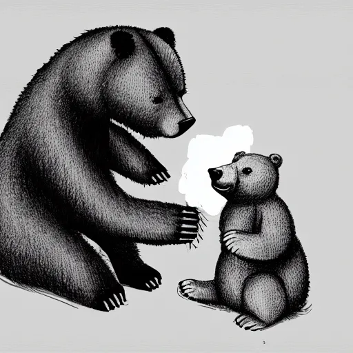 Image similar to drawing of a bear playing with a doll. digital art.