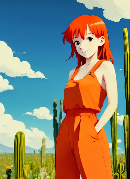 Image similar to portrait of cute redhead girl in orange jumpsuit with fox ears by ilya kuvshinov, holding a cactus, cloudy sky background lush landscape illustration concept art anime key visual trending pixiv fanbox by wlop and greg rutkowski and makoto shinkai and studio ghibli