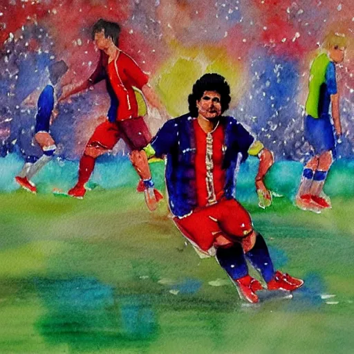 Prompt: Maradona scores a goal, watercolor painting