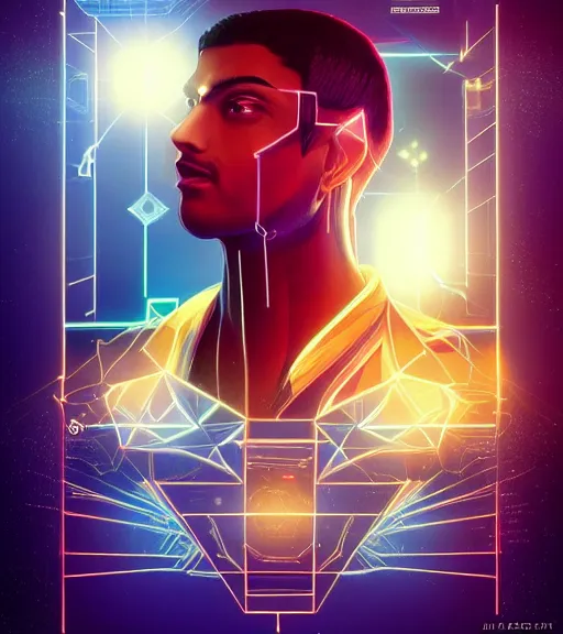 Image similar to symmetry!! egyptian prince of technology, solid cube of light, hard edges, product render retro - futuristic poster scifi, lasers and neon circuits, brown skin man egyptian prince, intricate, elegant, highly detailed, digital painting, artstation, concept art, smooth, sharp focus, illustration, dreamlike, art by artgerm