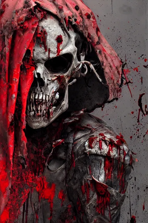 Prompt: zombie warrior portrait by greg rutkowski, skeleton, metal mask, red fabric, torn clothes, blood stains, pastel style, black and red color scheme