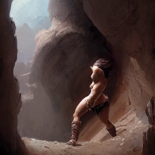 Image similar to a beautiful painting of a lone female barbarian emerging from a cave entrance with one arm raised, cinematic lighting by gerald brom and greg rutkowski,