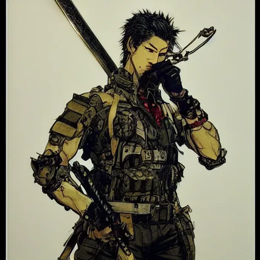 Prompt: portrait of a hero holding his sword in front of his face by yoji shinkawa, high quality, extra details, realism, ornate, colored, golden chain, blood, white skin, short hair, brown eyes, vivid, sunlight, dynamic, american man, freedom, white american soldier, ball point pen