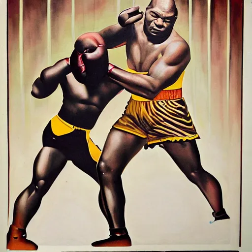 Image similar to art deco portrait of mike tyson fighting a dinosaur