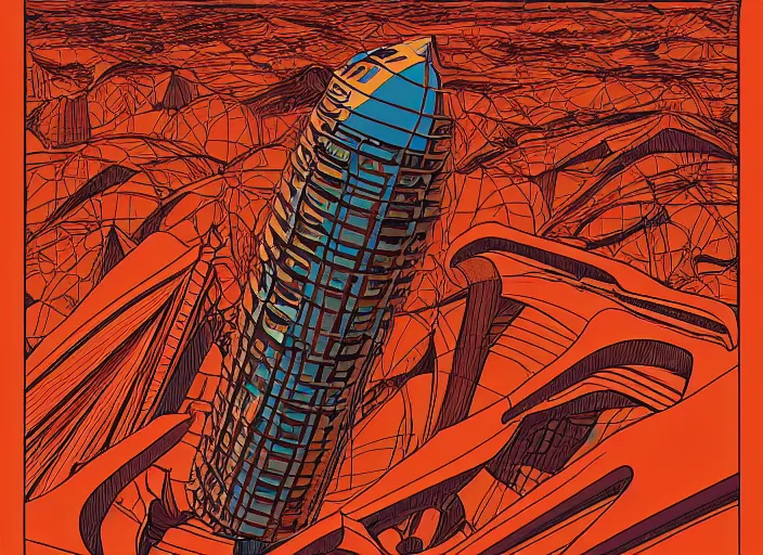 Image similar to martian architecture by moebius, vector art, cyberpunk, soviet poster