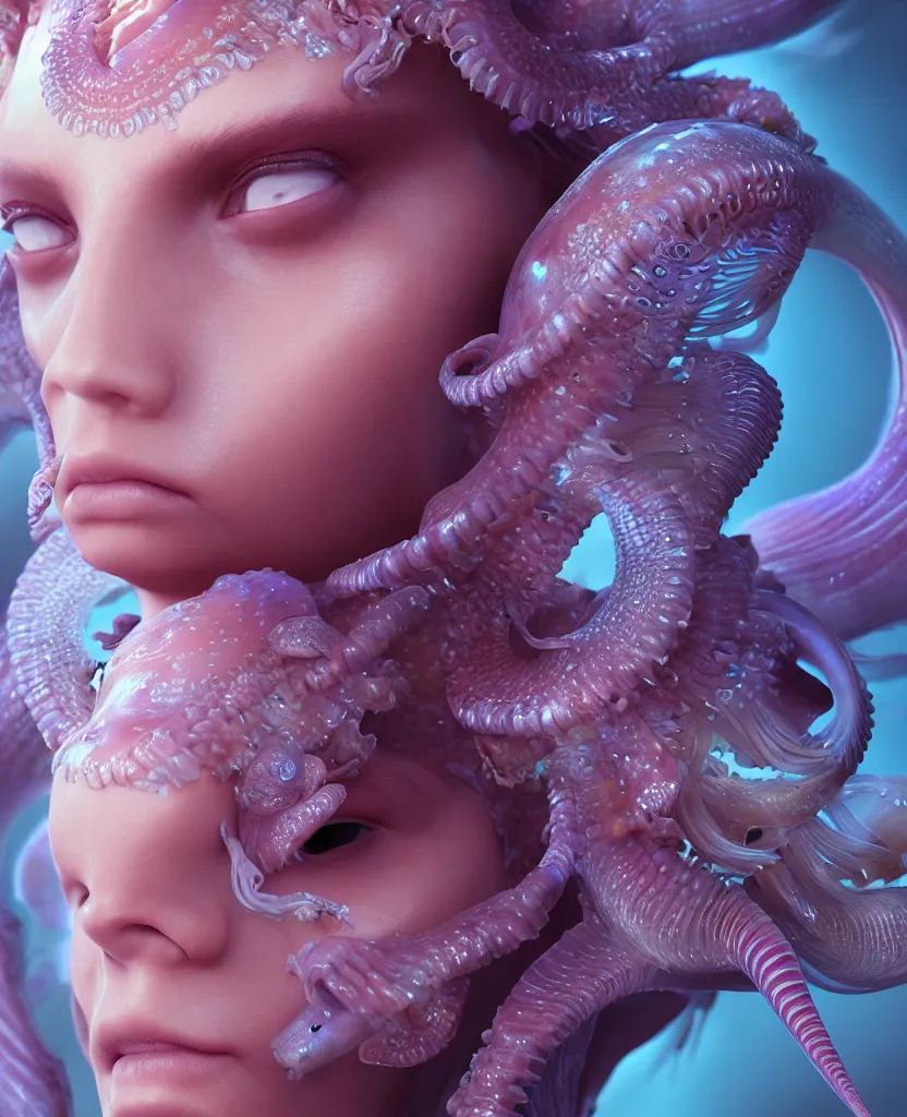 Image similar to goddess princess beautiful face close-up portrait ram skull zbrush sculpt. jellyfish phoenix head, nautilus, orchid, skull, betta fish, bioluminiscent creatures, intricate artwork by Tooth Wu and wlop and beeple. octane render, trending on artstation, greg rutkowski very coherent symmetrical artwork. cinematic, hyper realism, high detail, octane render, 8k