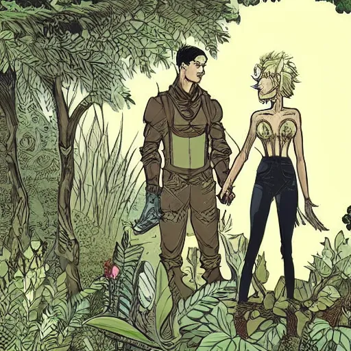 Prompt: modest short - haired handsome muscular blonde butch tomboy woman engineer standing beside taller dark fae feathered modest gothic jennifer connelly, in a beautiful lush garden at night, falling in love, highly detailed, romantic, trending on art station, illustration, mike mignola, comic book