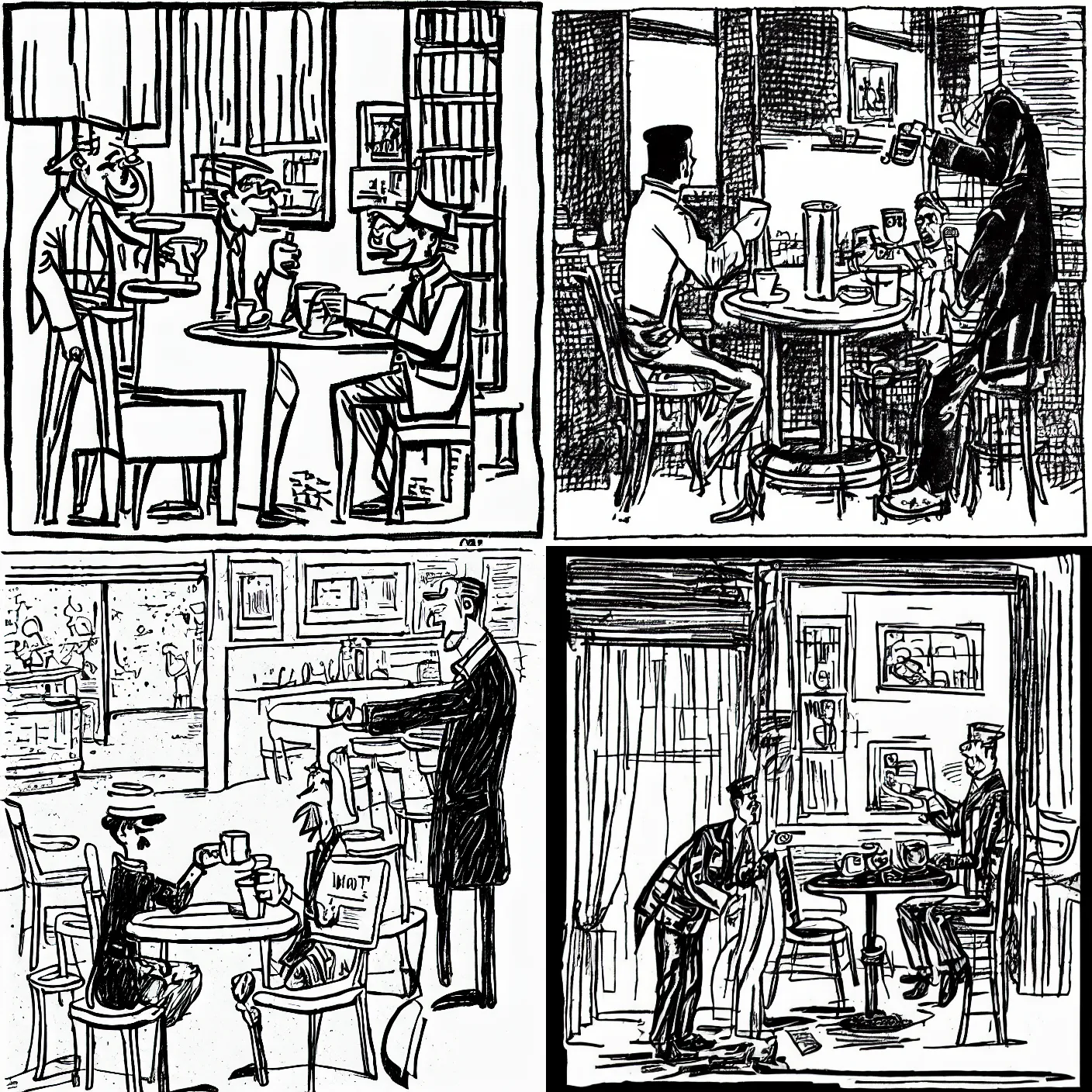 Prompt: a waiter serving coffee to a man reading the news paper. line drawing. vignette. comic style. newspaper drawing.