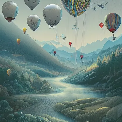 Prompt: landscape with forest, river and mountains made of all kinds of baloons , concept art, huge scale, high detail, sci fi by James Jean