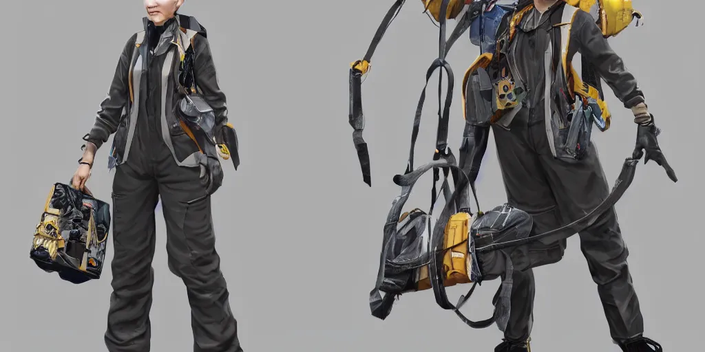 Image similar to A woman in scientist jacket with a system of straps and pouches for collecting material by Tetsuya Nomura with Ralph Horsley and Mario Testino, trending on artstation and pixiv clean sci-fi concept art and sheet that using unreal engine 5 renders and hyper detailed textures with cinematic light