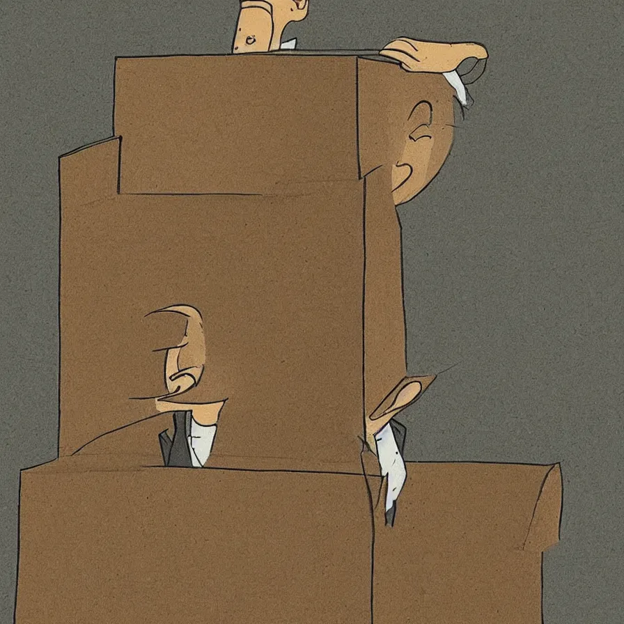 Prompt: a cartoon of a long - nosed man in a box poking his head through the top, as by william rotsler